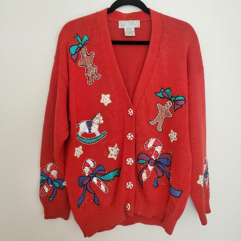 Vintage Lizi Ruch Beaded Embroidered Christmas Holiday Sweater Cardigan Size L